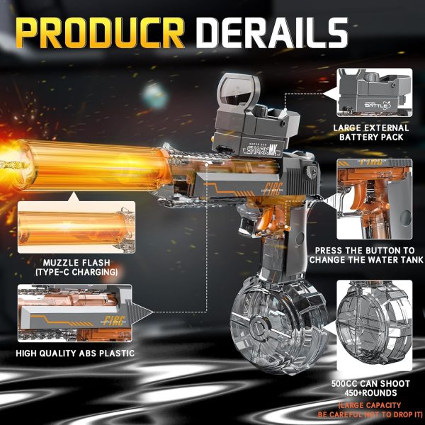 Powerful Electric Water Gun, Glowing Silencer, Automatic Squirt Gun up to 32Ft Long Range, 300 Water Shots, Classic Strong Squirt Gun, Summer Outdoor Swimming Pool Water Toy for Adult/Kids Gray